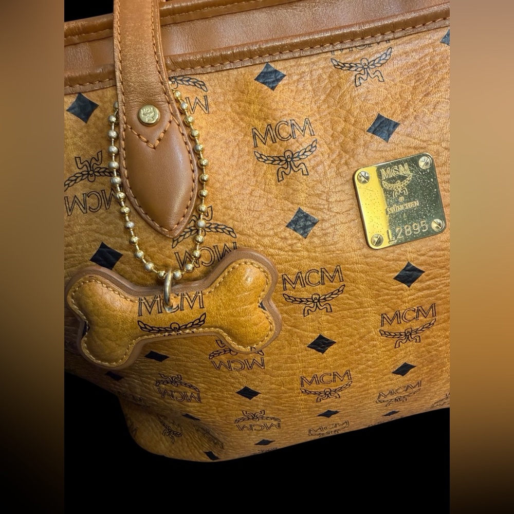 MCM Cognac Visetos Dog Bone Bag Charm Shopper Tote (A580) - Picture 4 of 15